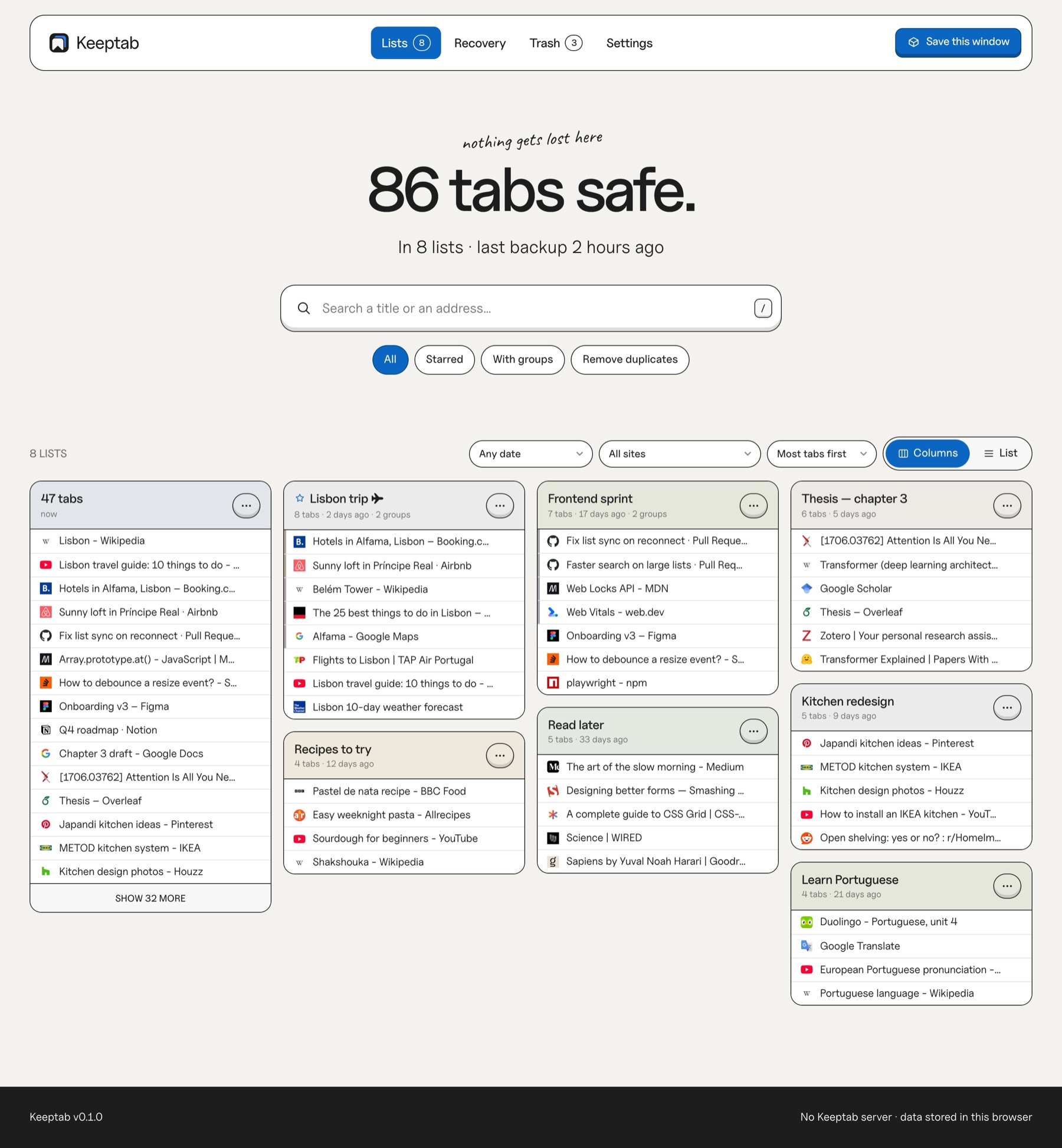 Keeptab: 86 tabs saved in 8 lists, last backup 2 hours ago