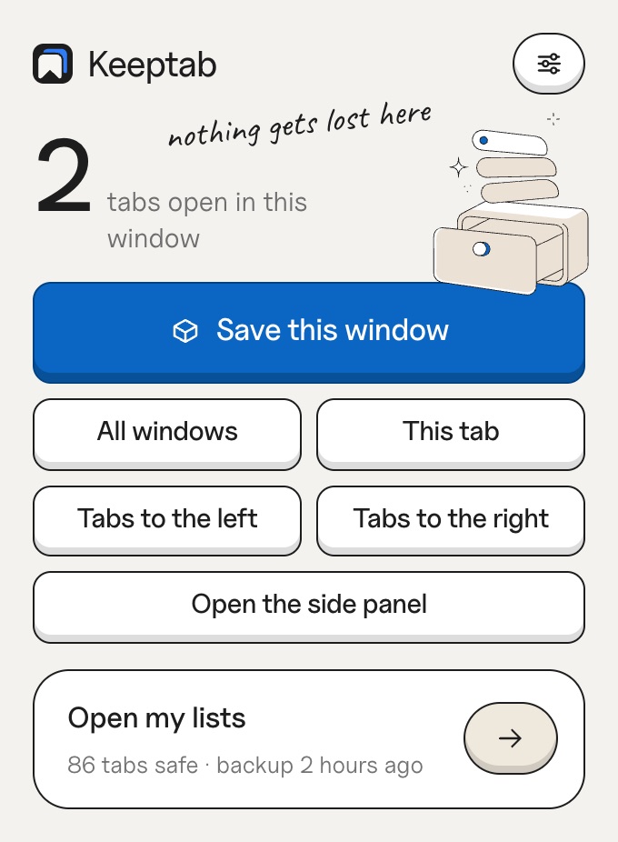 The Keeptab popup: save this window in one click